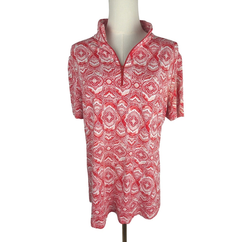 IBKUL Zip Mock Neck Top Large Melon‎ Venetian Tiles SPF 50 Short Sleeve Golf Fun